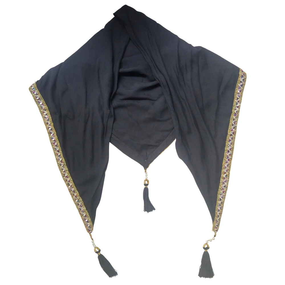 Black Triangular Scarf Gold Embroidered Trim Royalcore Modest Fashion Boho